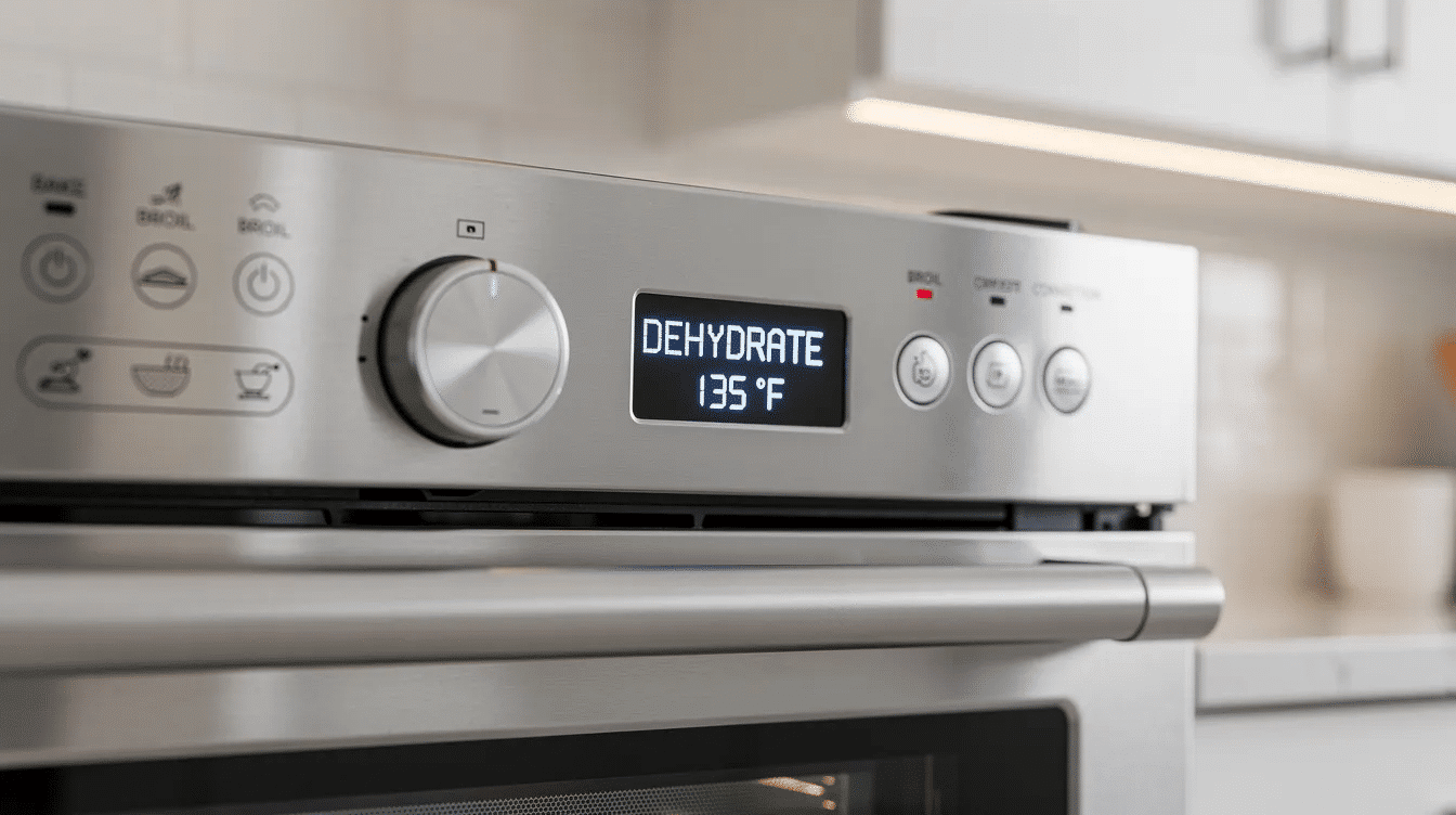 The image shows a Samsung oven with the door slightly open, revealing oven racks lined with baking sheets and parchment paper, where various fruits like apples and oranges are being dehydrated. This setup utilizes the dehydrate oven setting to remove excess moisture, preserving the food and enhancing its shelf life.