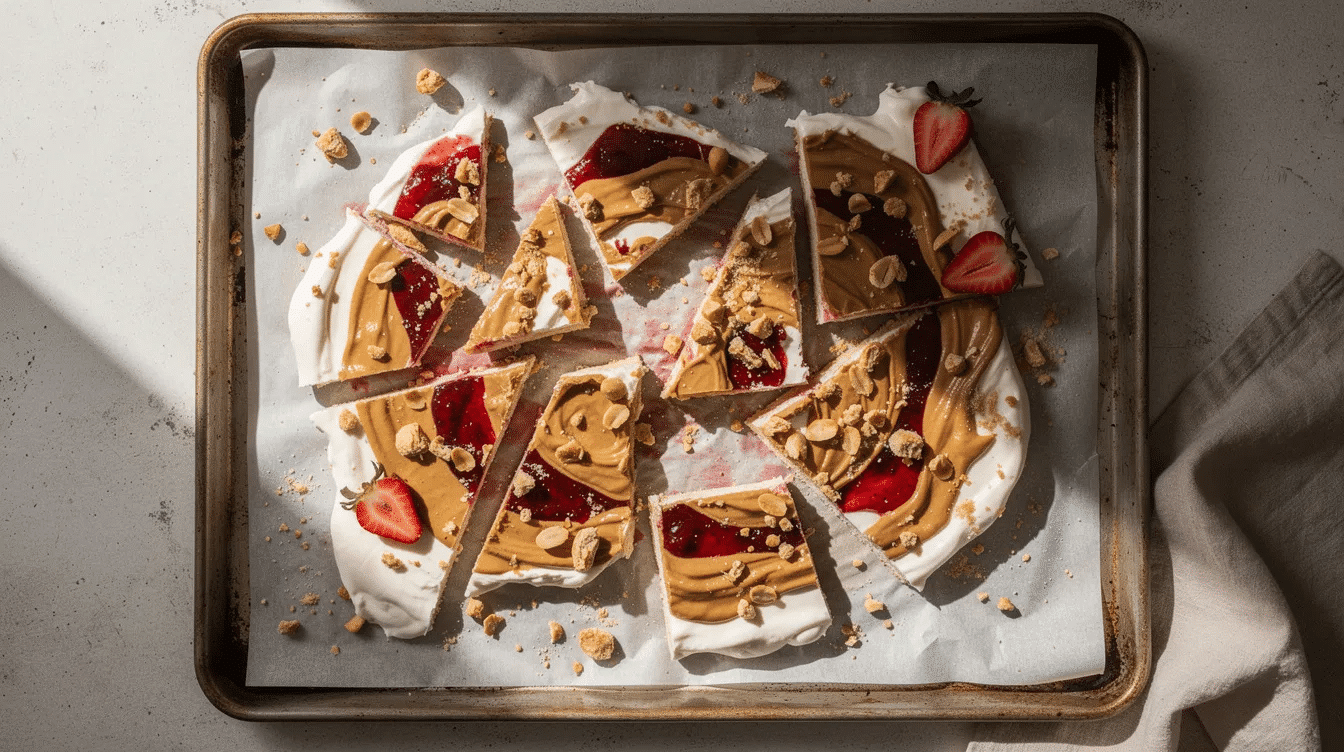 The image depicts a delicious PB & J Frozen Yogurt Bark, featuring a smooth layer of creamy peanut butter and Greek yogurt topped with vibrant fresh strawberries and a sprinkle of mini chocolate chips. The bark is set on a parchment-lined baking sheet, showcasing a healthy snack option that combines the flavors of nut butter and chocolate in a visually appealing treat.