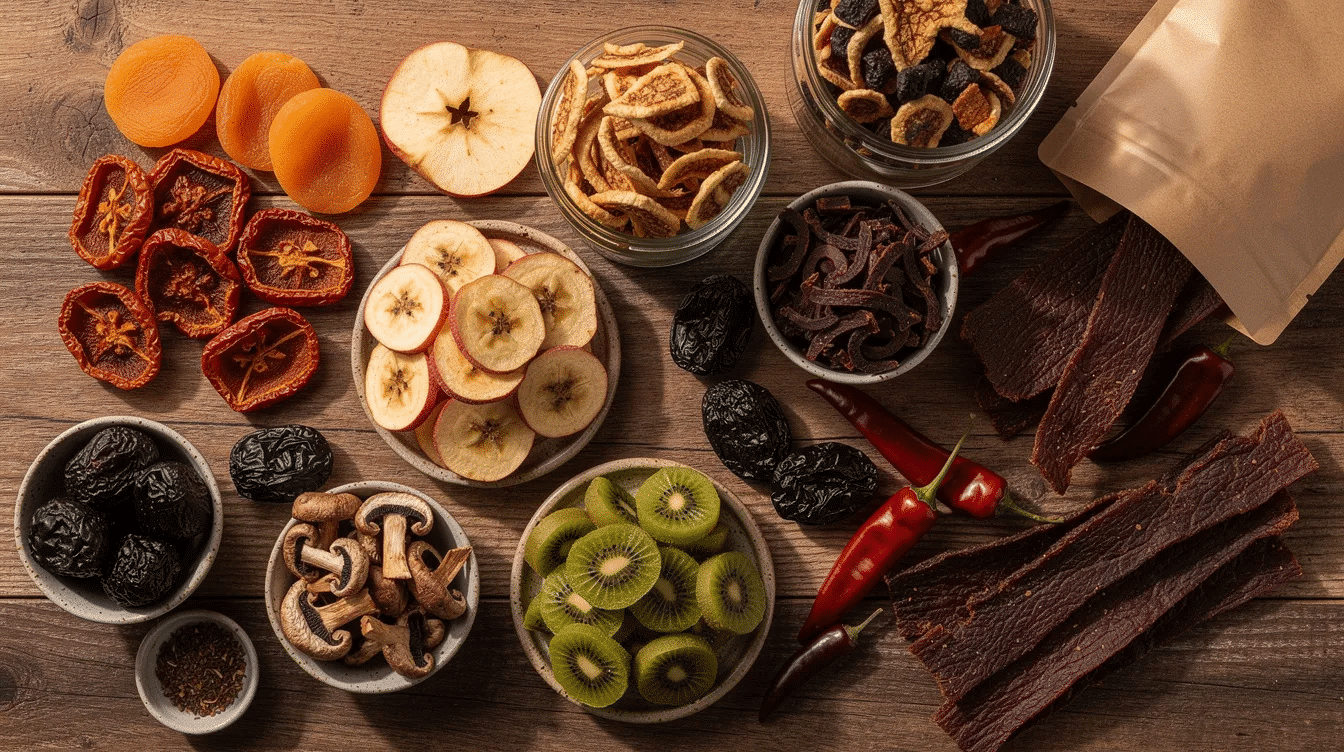 The image showcases a variety of dehydrated foods, including fruits, vegetables, and meats, all stored in airtight containers like glass jars and mylar bags. Properly stored, these dehydrated foods can maintain their nutritional value and flavor for a long shelf life, making them ideal for long-term food storage and backpacking trips.