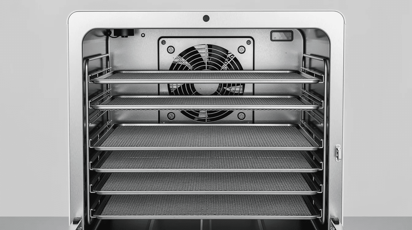 September 14, 2026 | The image shows the interior of a box-style food dehydrator featuring a rear-mounted fan and six stainless steel trays, designed for drying fruits, vegetables, and herbs. The adjustable temperature controls and digital display allow for precise temperature settings, making it an ideal machine for preserving food and creating delicious treats like kale chips and fruit leathers.