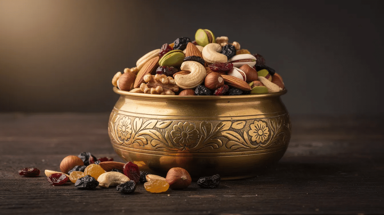 A traditional Indian brass container is filled with an assortment of premium dry fruits, including almonds, cashews, and dried berries, showcasing their rich textures and naturally sweet taste. This colorful blend emphasizes the nutritional benefits of these healthy snacks, perfect for enhancing a balanced diet and promoting overall wellness.