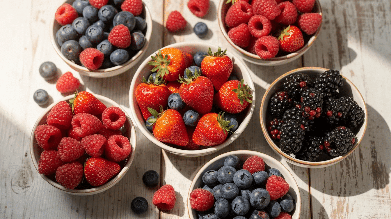 A vibrant selection of fresh summer berries, including strawberries, blueberries, raspberries, and blackberries, is displayed in small bowls, ready to be used in a delicious mixed berry cobbler. The colorful arrangement highlights the natural sweetness of the fruit, perfect for topping with homemade vanilla ice cream or fresh whipped cream.