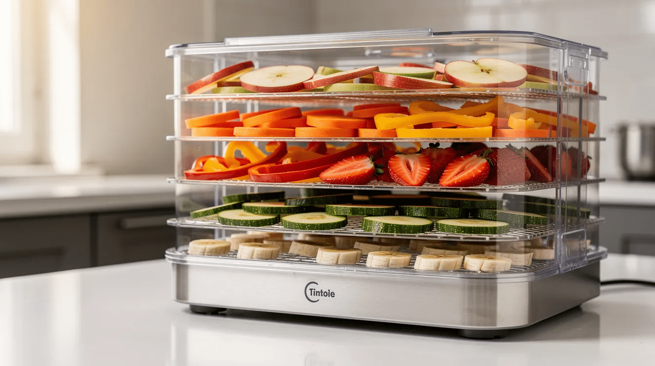 An electric food dehydrator is shown with multiple trays filled with sliced vegetables and fruits, including bell peppers, green beans, and strawberries, perfect for creating nutritious snacks and meals. This dehydrating food method helps in blood sugar management and provides a healthy addition to meals for people with diabetes.