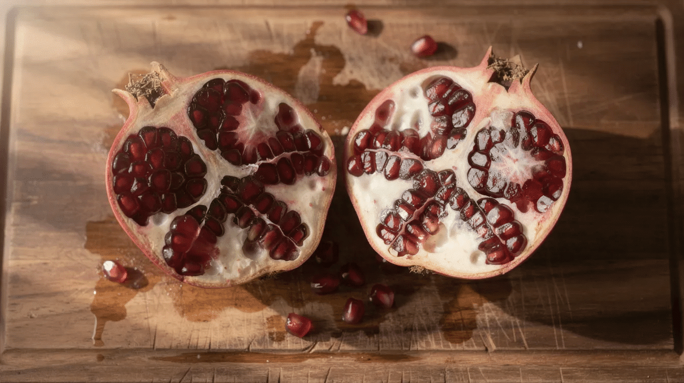 A fresh pomegranate is cut in half, revealing its vibrant red arils and white pith, set against a wooden cutting board. The juicy seeds glisten, showcasing the fruit's delicious flavor and rich antioxidants.