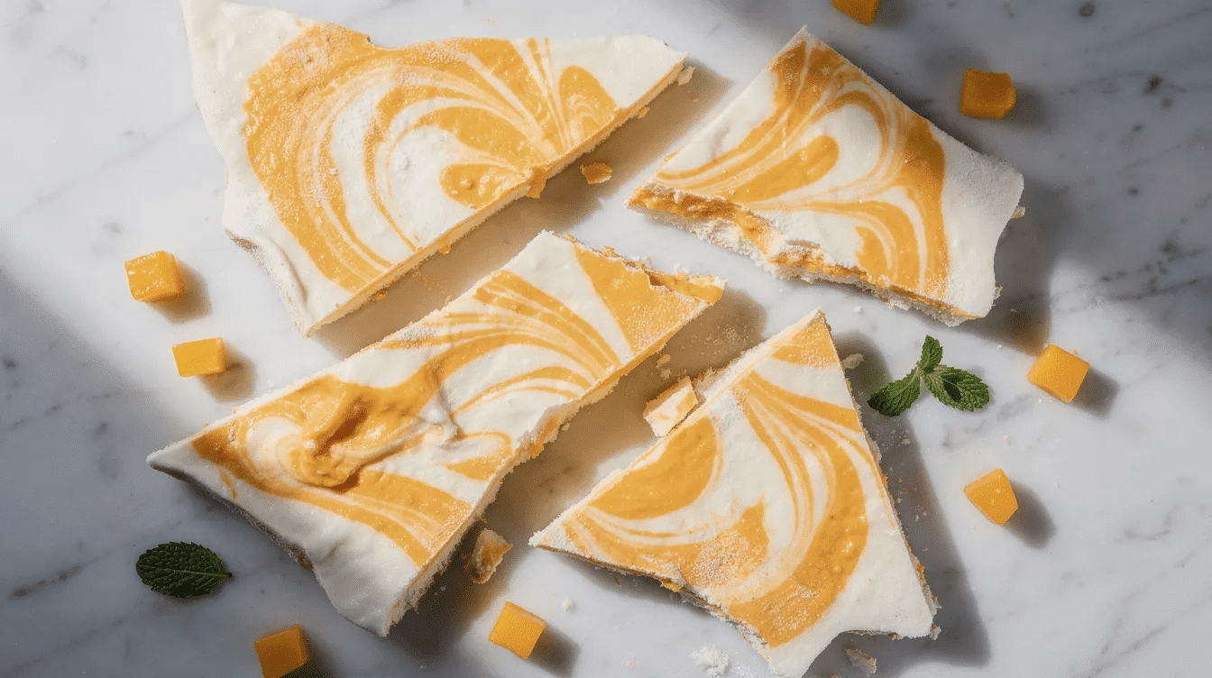 The image features broken pieces of frozen yogurt bark, showcasing vibrant orange mango swirls against a creamy white yogurt base. This delicious treat highlights the tropical flavors of fresh and freeze dried mango, making it an appealing dessert option.