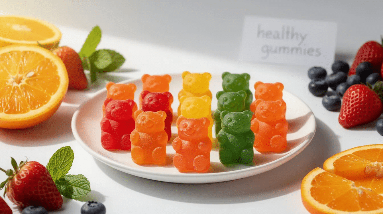 The image features a colorful assortment of healthy gummy sweets, including homemade gummy bears made from real fruit juice like mango and lemon, displayed on a baking sheet. These chewy treats are crafted with organic ingredients such as grass-fed gelatin and sweetened with natural options like honey and monk fruit, making them a delicious and nutritious snack.