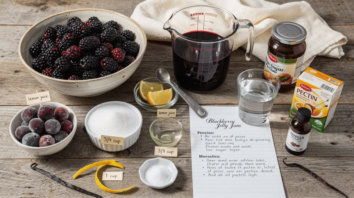 The image shows a collection of ingredients for making homemade blackberry jelly, including fresh blackberries, white granulated sugar, lemon juice, and water, all arranged neatly on a countertop. There are also optional additions like vanilla extract and lemon zest, highlighting the customization options for this delicious blackberry jelly recipe.