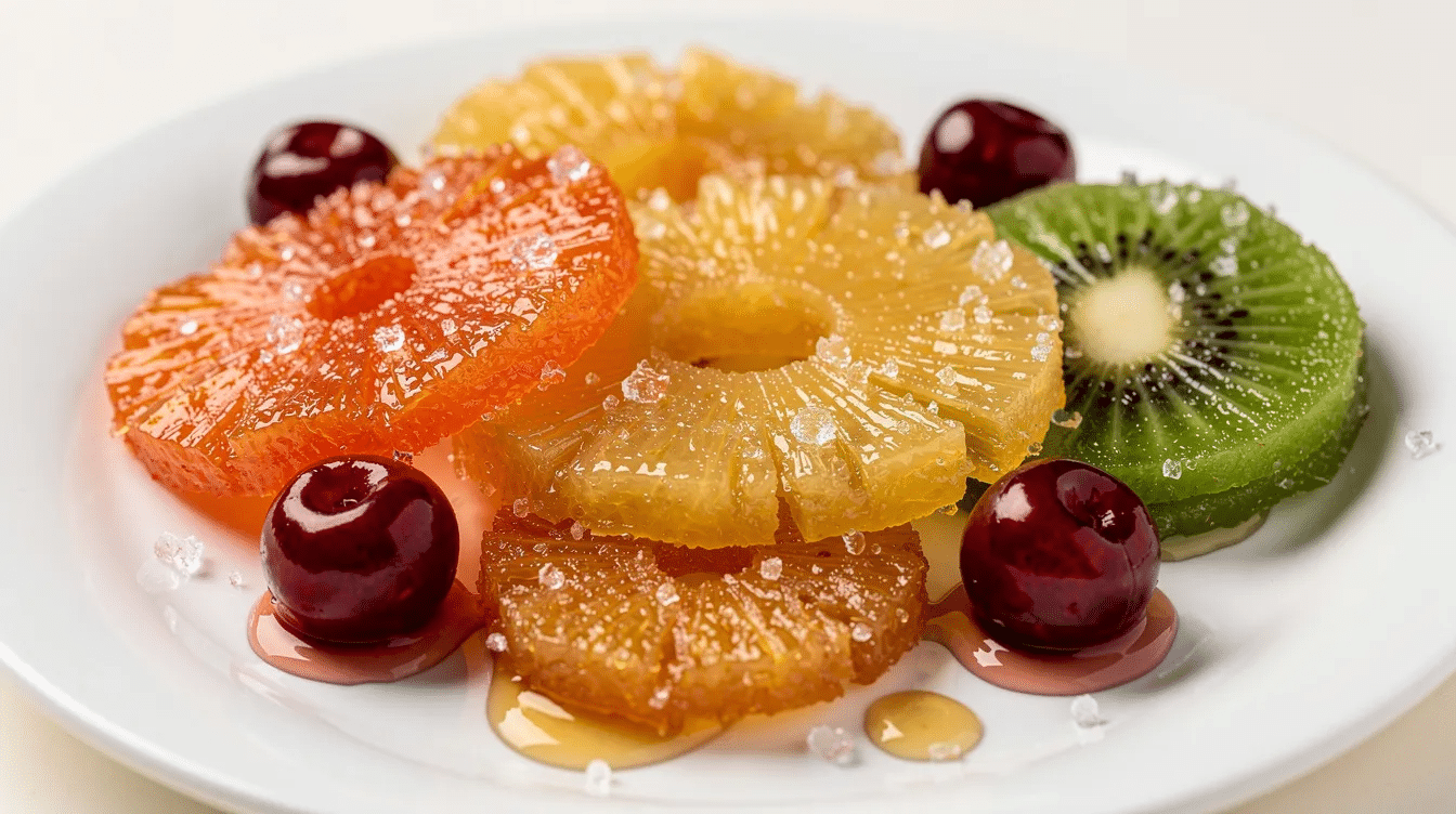 The image showcases an assortment of candied fruits, including vibrant red and green cherries, sweet orange peel, and chewy pineapple pieces, all glistening with a sugary glaze. This delicious mix, perfect for enhancing baked goods or enjoying as a healthy snack, highlights the rich flavors and textures of fresh fruits preserved in sugar syrup.