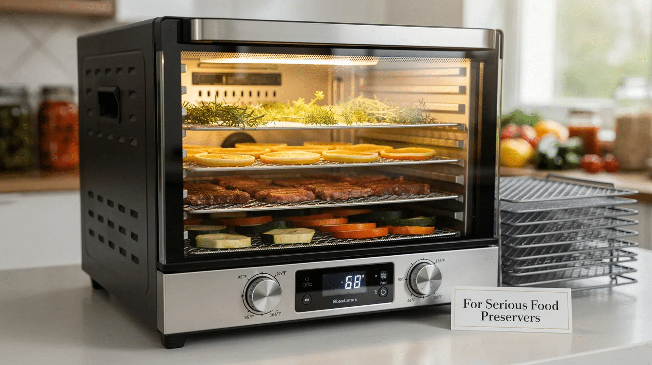 The image features a high-quality food dehydrator with a clear glass door and built-in interior light, showcasing its stainless steel trays and digital control panel. This versatile machine offers a temperature range from 95°F to 165°F, making it ideal for drying a variety of foods, including fruits, herbs, and meats, while providing easy access to monitor progress.