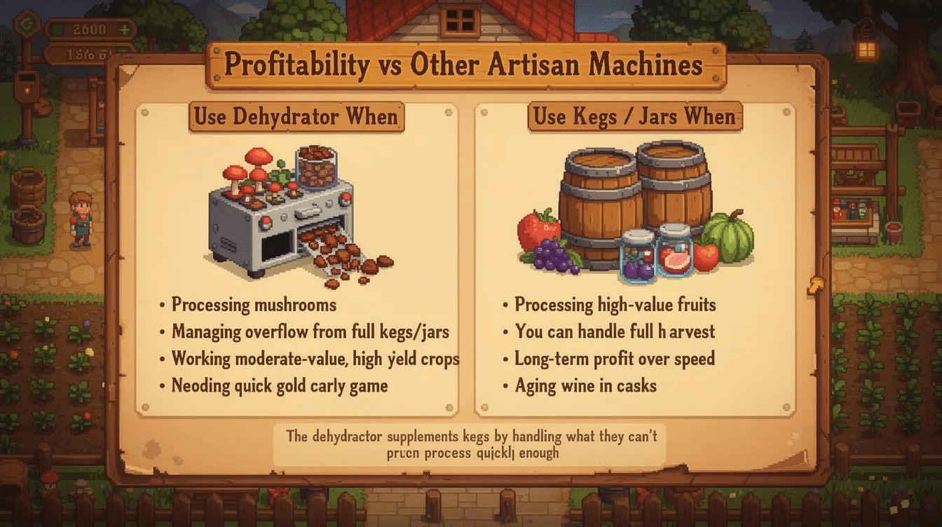 The image illustrates a comparison between using a dehydrator and other artisan machines like kegs and jars in Stardew Valley, highlighting the advantages of the dehydrator for processing crops such as berries and mushrooms for quick profit. It emphasizes that while the dehydrator is effective for moderate-value produce, kegs and jars are better suited for high-value fruits like ancient fruit and for long-term aging processes.