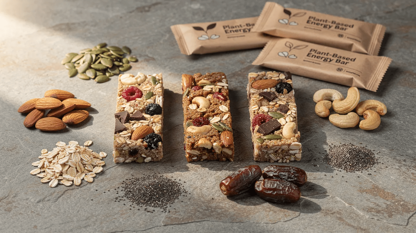 The image showcases a variety of plant-based energy bars, featuring a chewy texture and packed with nutritious ingredients like oats, almond butter, and chocolate chips. These delicious, gluten-free protein bars are designed for sustained energy, making them a great snack for active lifestyles.