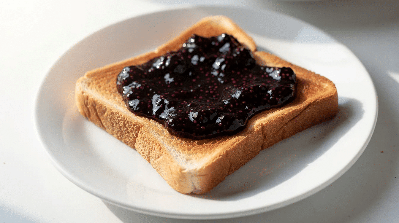 A slice of golden toast sits on a white plate, generously spread with homemade blackberry jelly, showcasing the rich, dark purple color of the jam. The toast glistens slightly, highlighting the delicious blackberry flavor that can be enjoyed as part of a delightful breakfast or snack.
