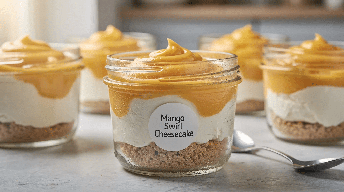 The image features individual jars filled with a no-bake mango swirl cheesecake, showcasing layers of crushed graham crackers, creamy cheesecake filling made from cream cheese and Greek yogurt, and a vibrant mango puree swirled on top. This delicious dessert incorporates freeze dried mango for a tropical flavor and is garnished with a marbled effect, making it visually appealing and perfect for a refreshing treat.