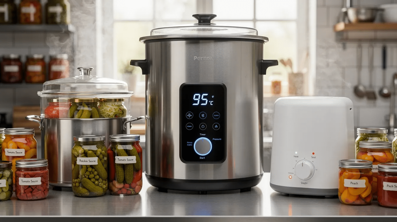 The image showcases a sleek electric canning machine designed for homebrewers, featuring a compact design with a pressure canner and sealing machine. It emphasizes reliability and speed, ideal for packaging beverages like beer and cider in glass jars and bottles, ensuring quality and durability for efficient storage and shipping.