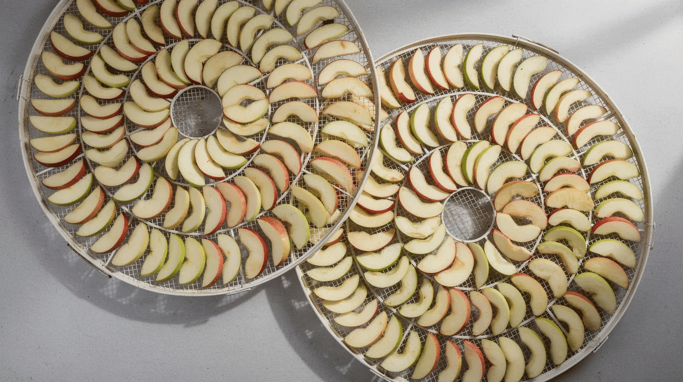 September 15, 2026 | The image shows neatly arranged thin apple slices on circular mesh trays of a food dehydrator, ready for the drying process. This efficient kitchen appliance uses hot air and proper airflow to remove moisture, ensuring the apples dry evenly and improve their shelf life.
