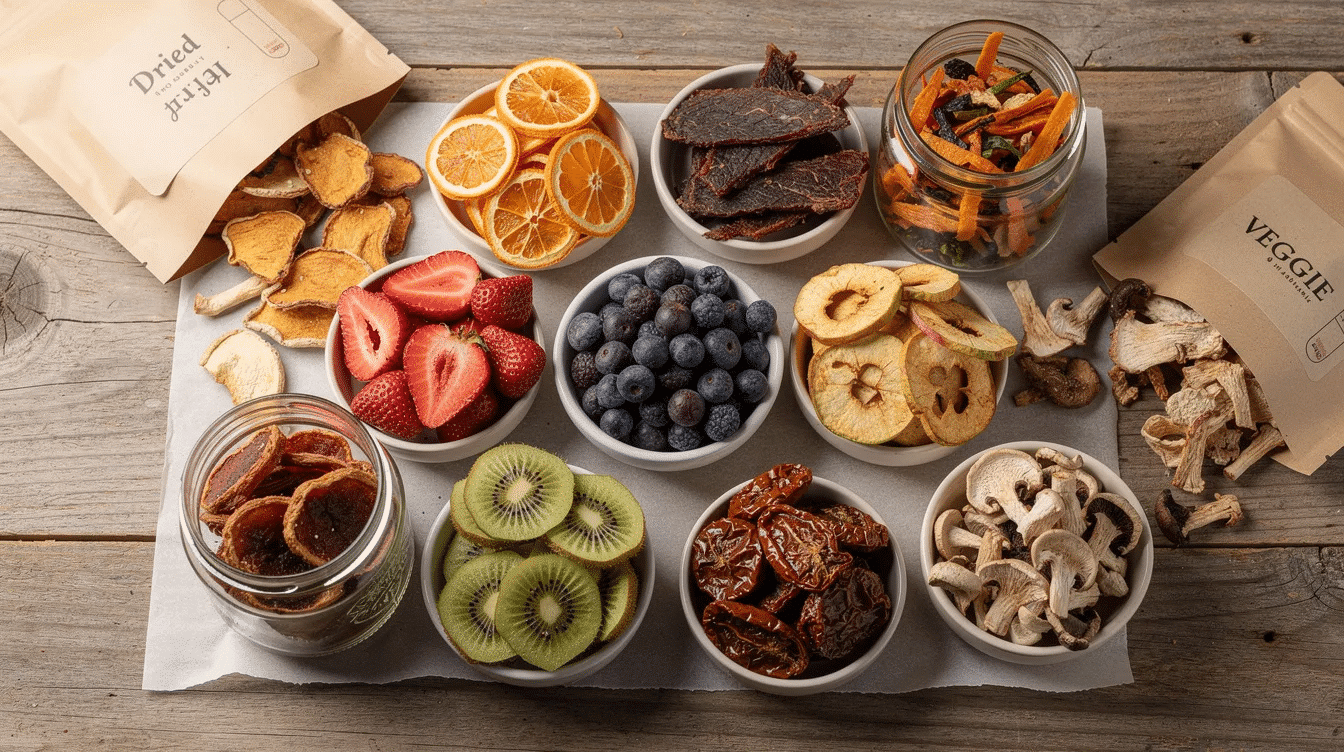 The image showcases a variety of dehydrated foods, including fruits, vegetables, and meats, neatly arranged in airtight containers and glass jars. Properly stored under ideal conditions, these dehydrated foods are designed for long-term food storage, ensuring a long shelf life and maintaining their nutritional value while preventing spoilage and microbial growth.