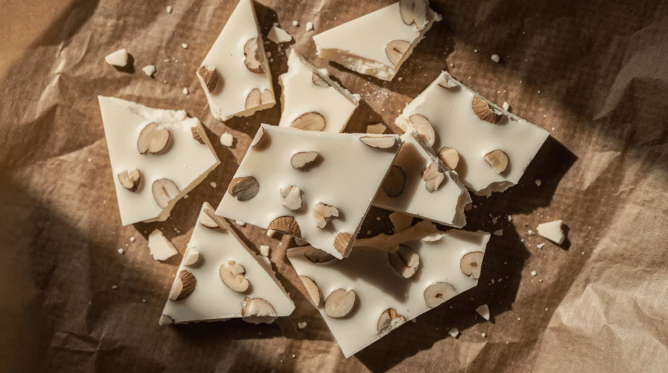 Scattered on brown parchment paper are broken pieces of creamy white vanilla bark, featuring visible almond pieces that add a crunchy texture. The sweet, melted chocolate creates a delicious treat, perfect for sharing or gifting during the holiday season.