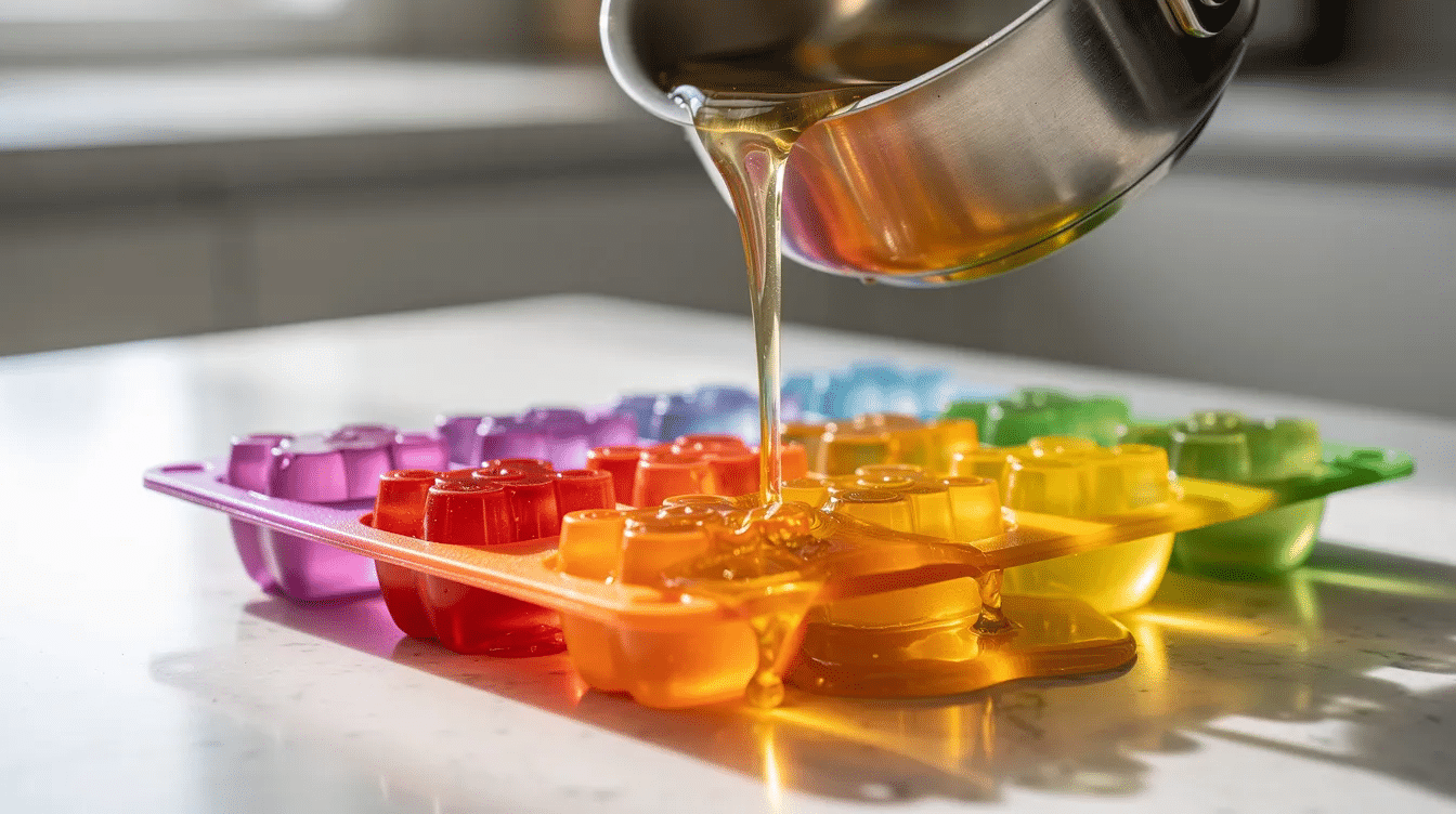 A liquid gelatin mixture is being poured from a small saucepan into colorful silicone gummy bear molds, ready to create homemade fruit snacks. The mixture, which could be made from sugar-free jello and fruit juice, is designed to set into fun, chewy gummies that kids will love.
