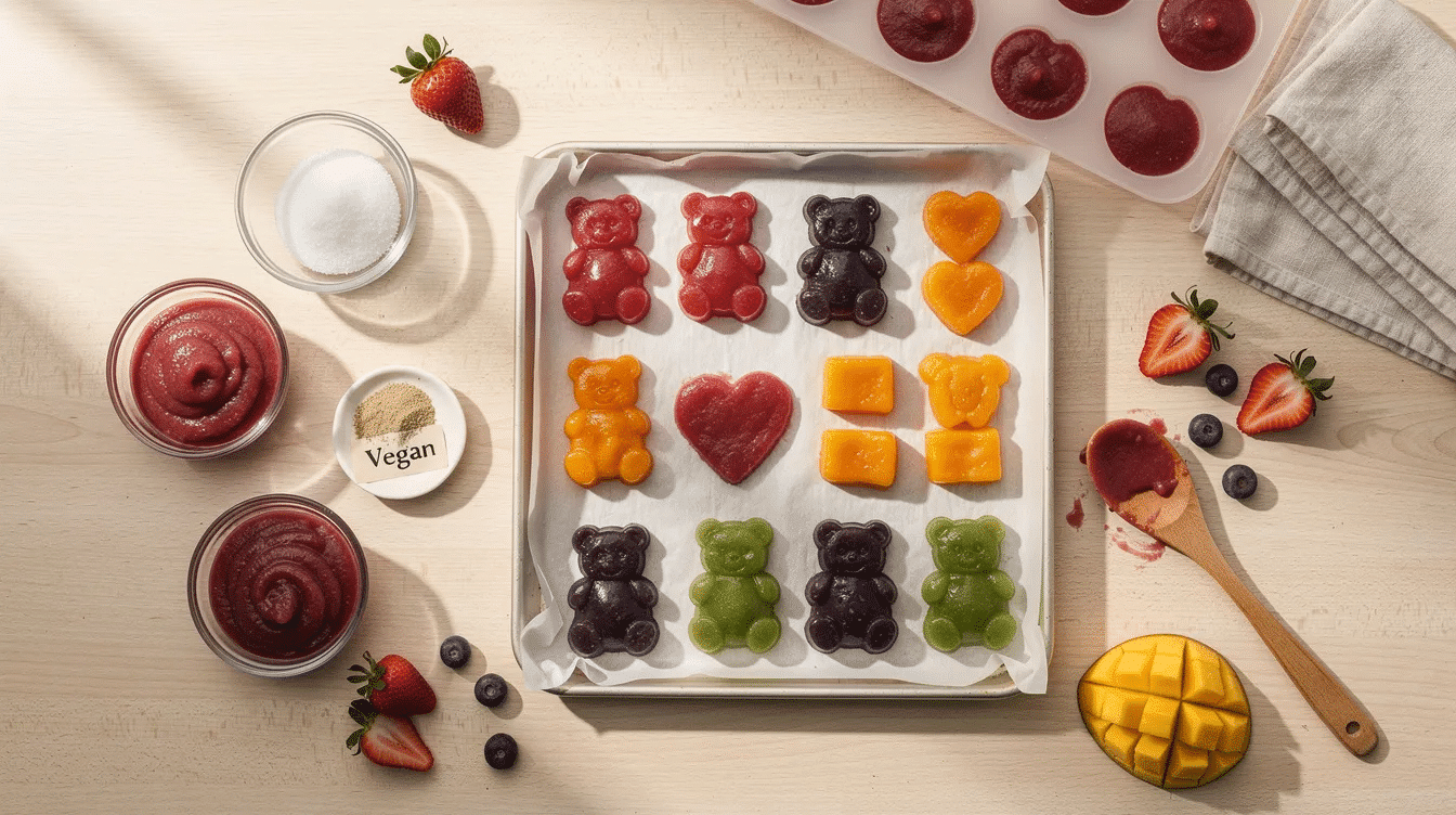 The image features a colorful assortment of homemade vegan fruit snacks shaped in fun designs, showcasing vibrant colors like red, orange, and yellow. These chewy fruit gummies are made from real fruit juice and sweetened with organic cane sugar and maple syrup, making them a delicious and allergy-friendly treat for kids and adults alike.
