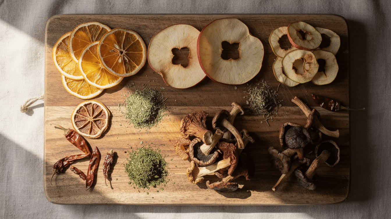 The image features a wooden cutting board displaying an assortment of dehydrated foods, including vibrant fruit slices, dried mushrooms, and fragrant herbs, all showcasing the results of effective food dehydration methods. This arrangement highlights the versatility of a non-toxic food dehydrator, perfect for preserving nutritional value and reducing food waste.