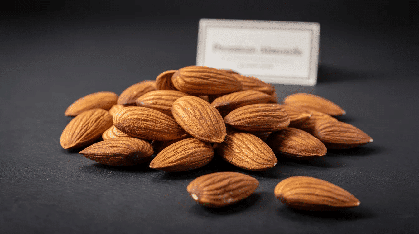 The image features a selection of premium almonds displayed in airtight containers, emphasizing their quality and freshness. These prized dry fruits, known for their health benefits and rich taste, are cultivated in various regions, including California and India, making them a sought-after choice for consumers worldwide.
