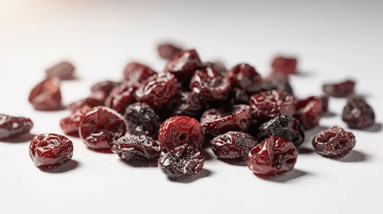 The image features a close-up of dried sour cherries, showcasing their rich, deep red color and plump texture. These delicious dried fruits are a nutritious snack, packed with antioxidants and vitamin C, making them a popular choice in Turkish cuisine and for those seeking healthy options.