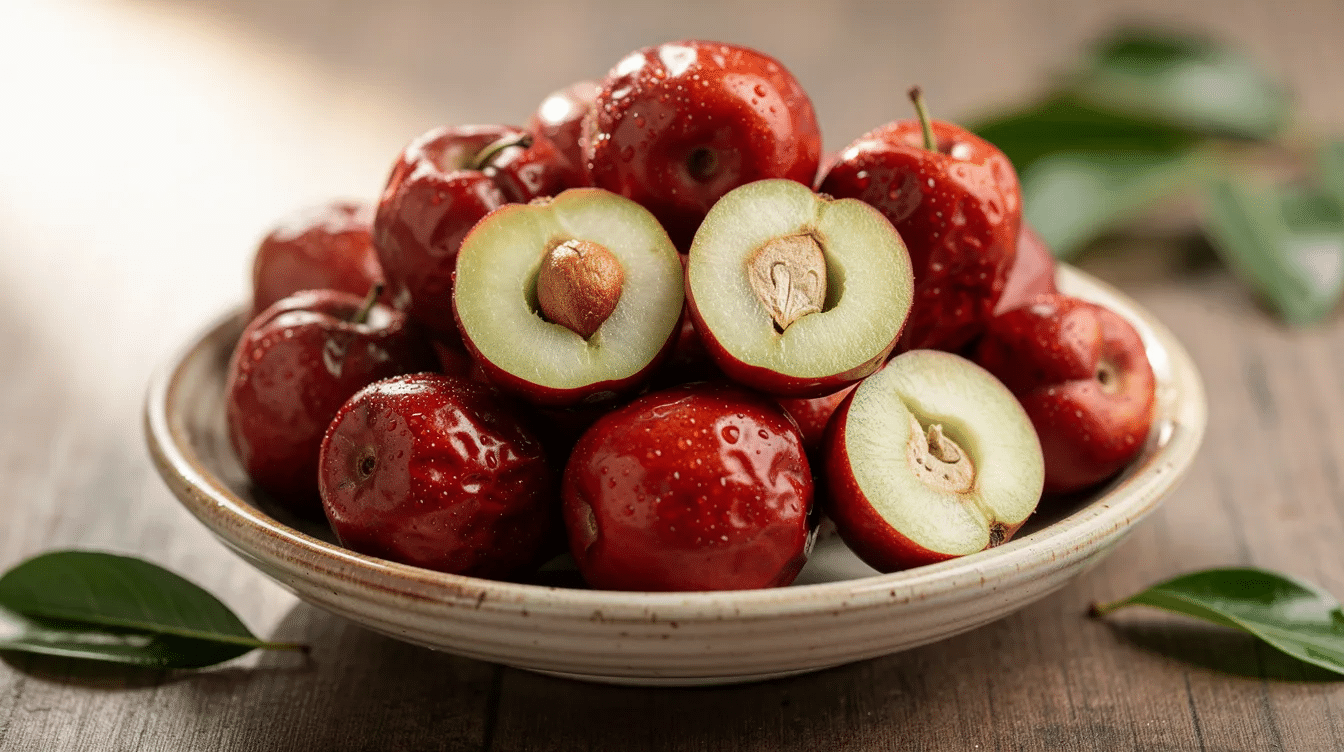 The image features fresh jujube fruit, showcasing its vibrant skin and plump shape, which is often eaten fresh for its sweet taste and health benefits. These jujubes, also known as Chinese dates, can be harvested from the jujube tree and are rich in vitamins and minerals, making them a delicious addition to various foods or a potential candidate for the drying process to create dried jujube.