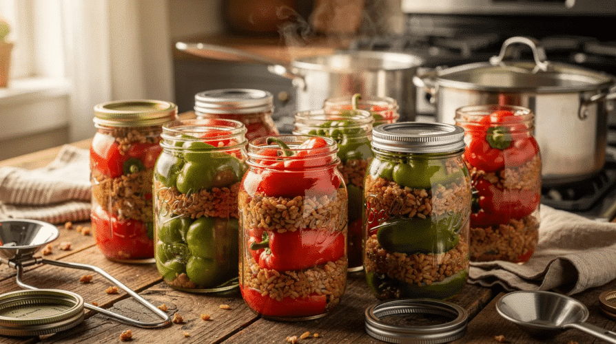 The image shows a variety of colorful stuffed peppers, including green and banana peppers, neatly arranged in pint jars ready for canning. The jars are filled with a flavorful mixture of cooked rice, meat, and spices, showcasing a delicious canning recipe for stuffed pickled peppers.