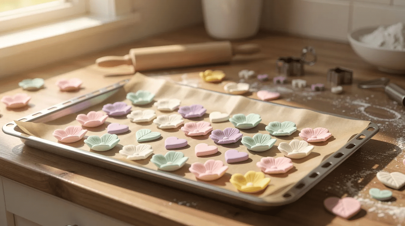 A baking tray lined with parchment paper holds various fondant flower petals and small decorative shapes, all in the drying process, as soft fondant pieces await to become cake toppers. The warm kitchen environment aids in drying the fondant decorations, ensuring they will harden completely in a few hours.