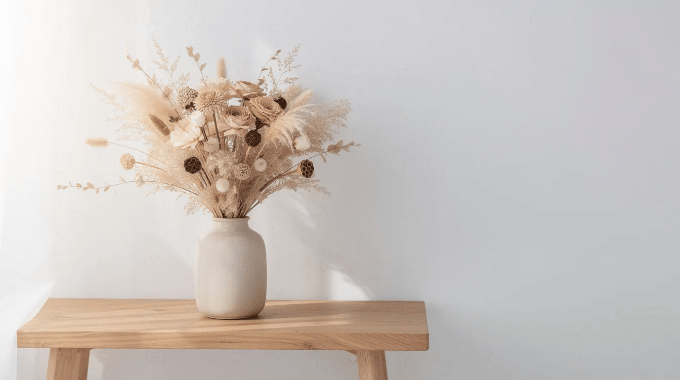 A hand-tied dried flower bouquet, featuring lavender and other preserved blooms, is elegantly arranged in a ceramic vase on a wooden shelf against a white wall, adding a touch of beauty and warmth to the room. This creative display showcases the versatility of dried flowers, perfect for enhancing any space.