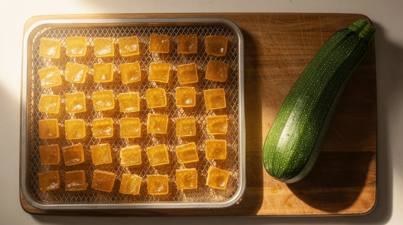 The image features golden translucent cubes of dehydrated zucchini spread out on a dehydrator tray, accompanied by a fresh whole green zucchini resting on a wooden cutting board. This scene highlights the process of preparing zucchini for food preservation, showcasing both the raw and dehydrated forms of this versatile summer squash.