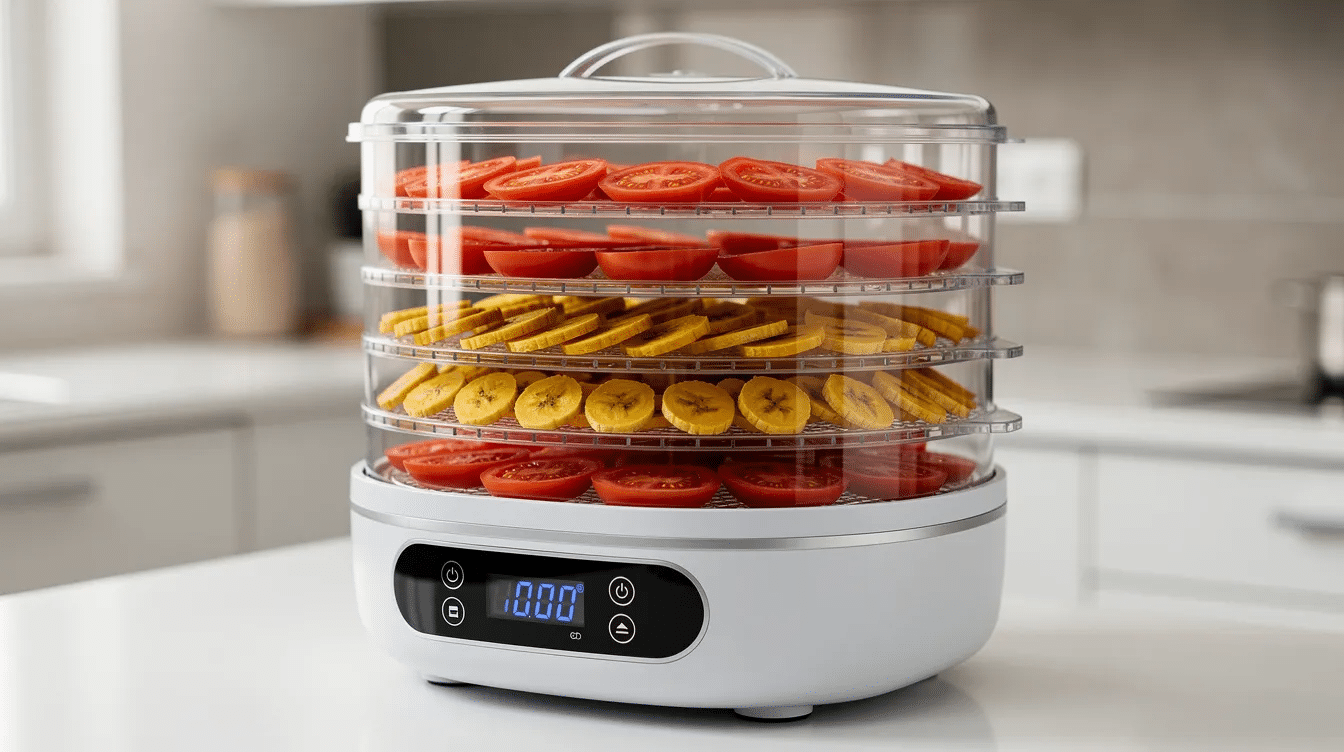 A sleek Elechomes food dehydrator sits on a clean kitchen countertop, showcasing a compact design with a digital LED touch control panel. It features six transparent trays filled with vibrant red tomato slices and yellow banana chips, all topped with a matching clear lid, illuminated by soft indoor lighting.