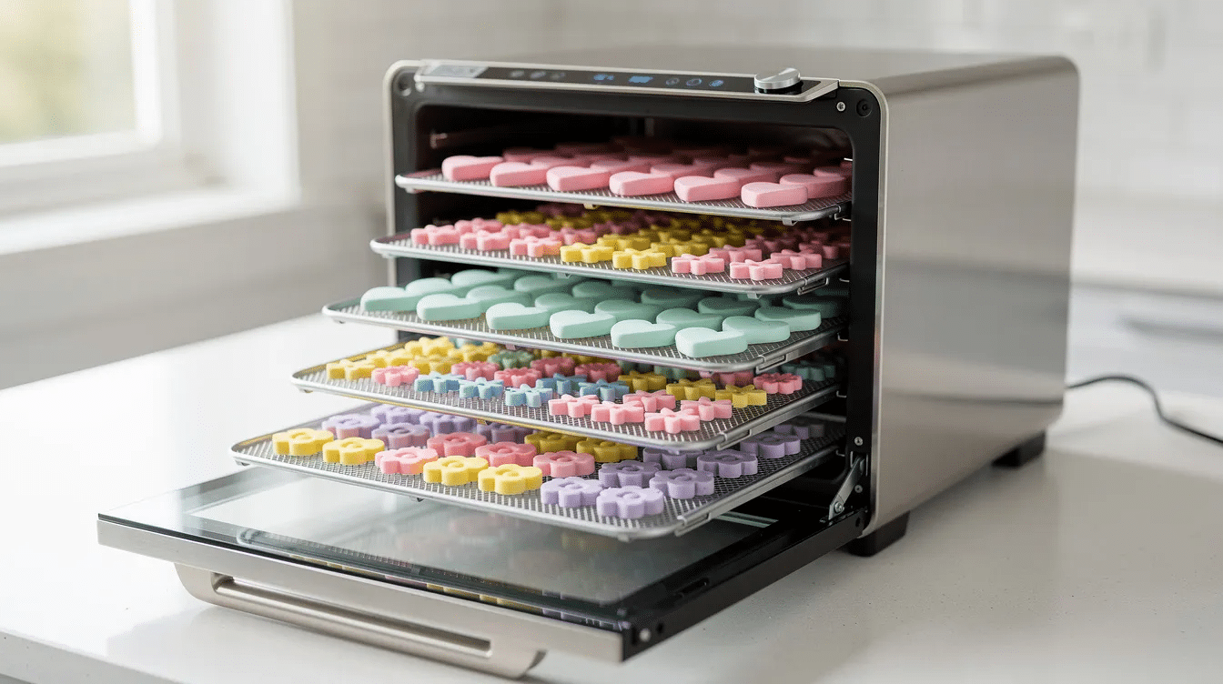 The image shows a countertop food dehydrator filled with vibrant, small fondant decorations arranged neatly on mesh trays, showcasing the drying process of these colorful cake toppers. The fondant pieces, made from gum paste, are positioned to dry completely, allowing them to harden and maintain their shape for future decorating.