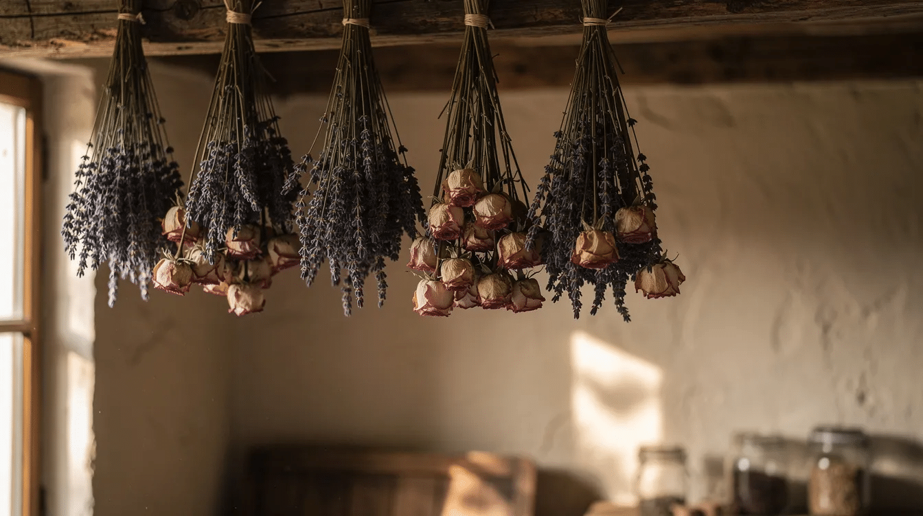A collection of dried lavender and roses hangs upside down from a rustic wooden beam, illuminated by soft natural light in a cozy room. The preserved flowers showcase their beautiful blooms, creating a charming display that adds a touch of nature to the space.