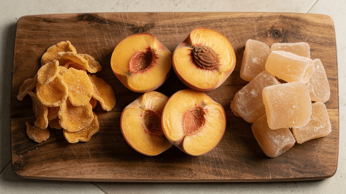 The image features a wooden cutting board displaying various forms of peaches, including dried slices, fresh peach halves, and frozen peach pieces, all arranged attractively. This colorful assortment highlights the versatility of peaches, perfect for recipes like peach crumble or peach cobbler.