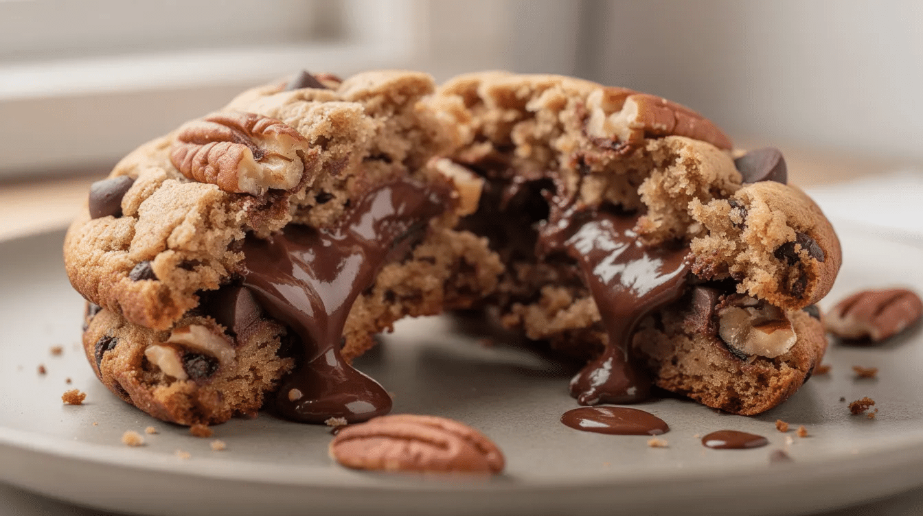 A close-up image of a whole grain chocolate chip pecan cookie broken in half reveals a soft, chewy interior with melted dark chocolate cascading from the center, showcasing the cookie's gooey texture and rich, nutty flavor. The cookie's edges are slightly crispy, hinting at the perfect baking time and use of quality ingredients like brown sugar and toasted pecans.