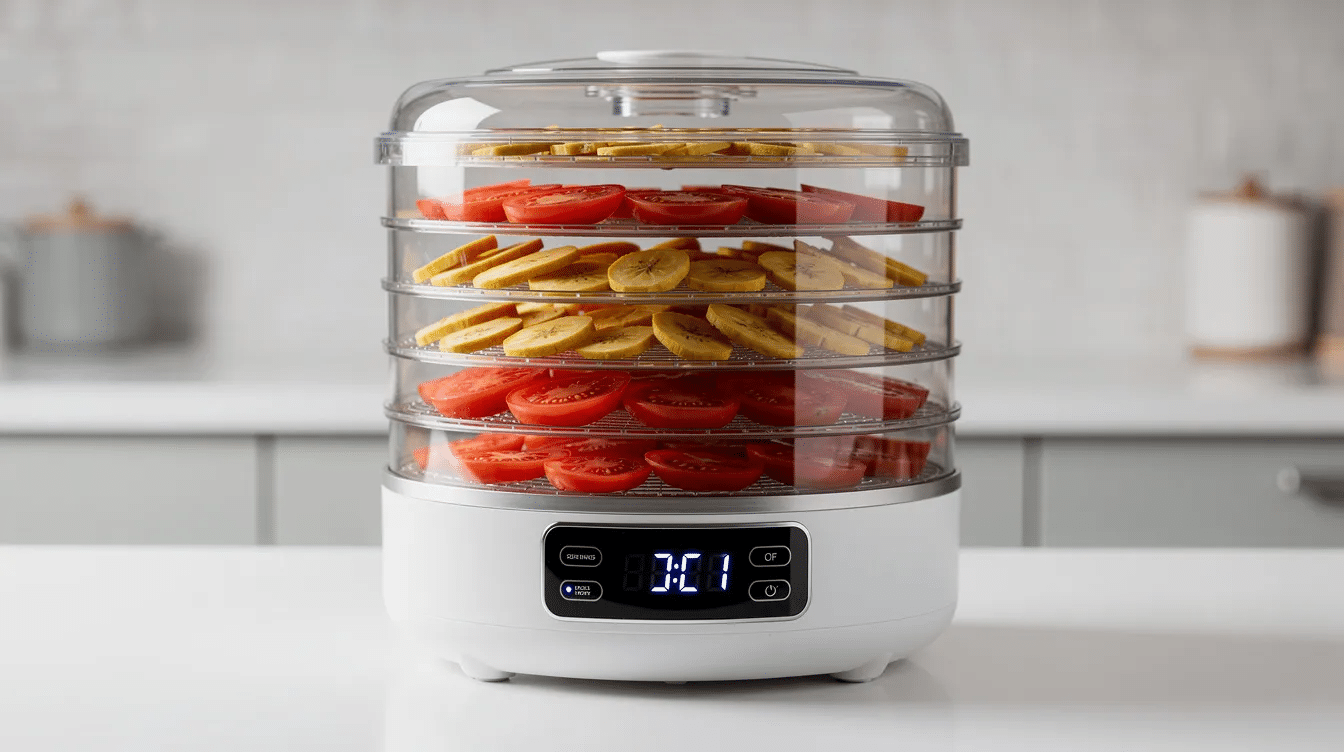 A sleek Elechomes food dehydrator sits on a clean kitchen countertop, showcasing a compact design with a digital LED touch control panel. It features six transparent trays filled with vibrant red tomato slices and yellow banana chips, all topped with a matching clear lid, illuminated by soft indoor lighting.