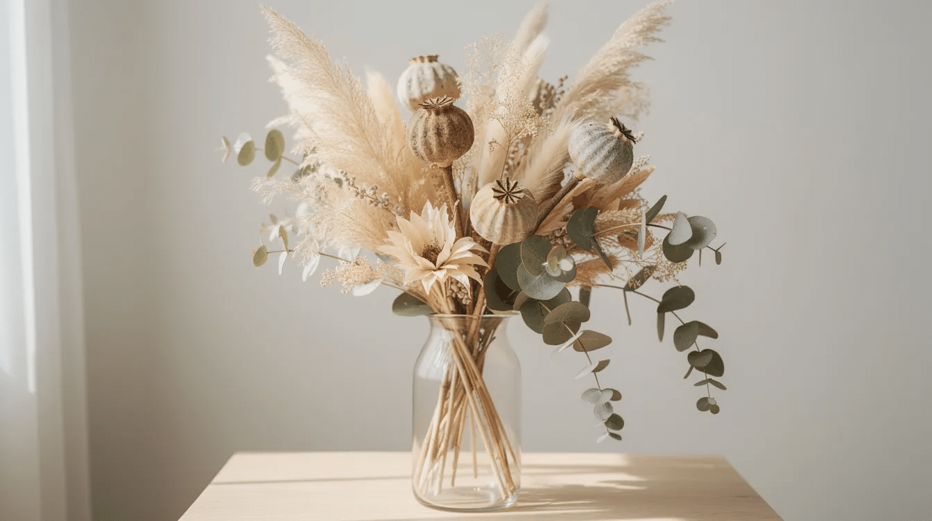 A boho-style dried flower bouquet features an arrangement of premium dried poppy pods, pampas grass, and eucalyptus, all elegantly displayed in a tall glass vase. This unique floral arrangement showcases the natural beauty and texture of dried flowers, making it a versatile addition to any home decor.