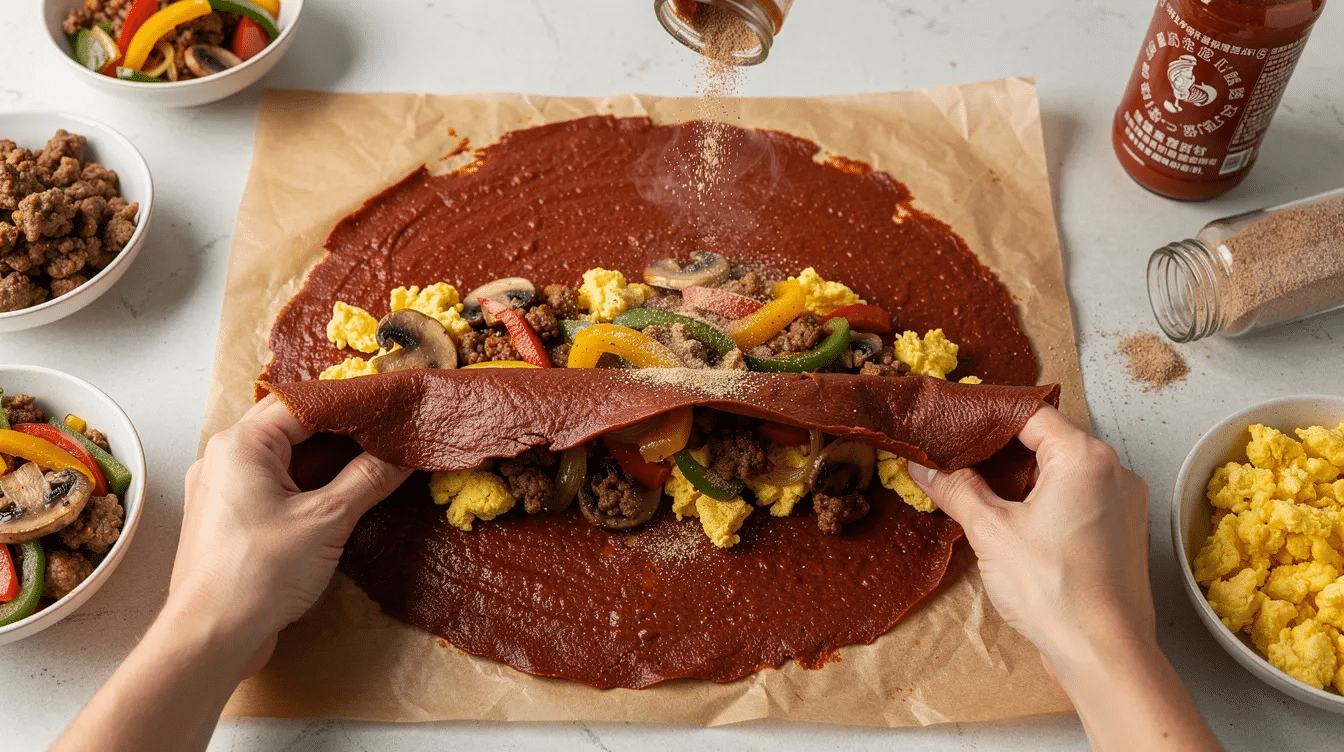 The image showcases a Sriracha breakfast burrito, made by using a Sriracha leather as the tortilla, filled with a savory mixture of sautéed onions, bell peppers, mushrooms, and scrambled eggs with breakfast sausage. This unique twist on a traditional burrito is a delicious low-carb alternative suitable for those following a keto diet.