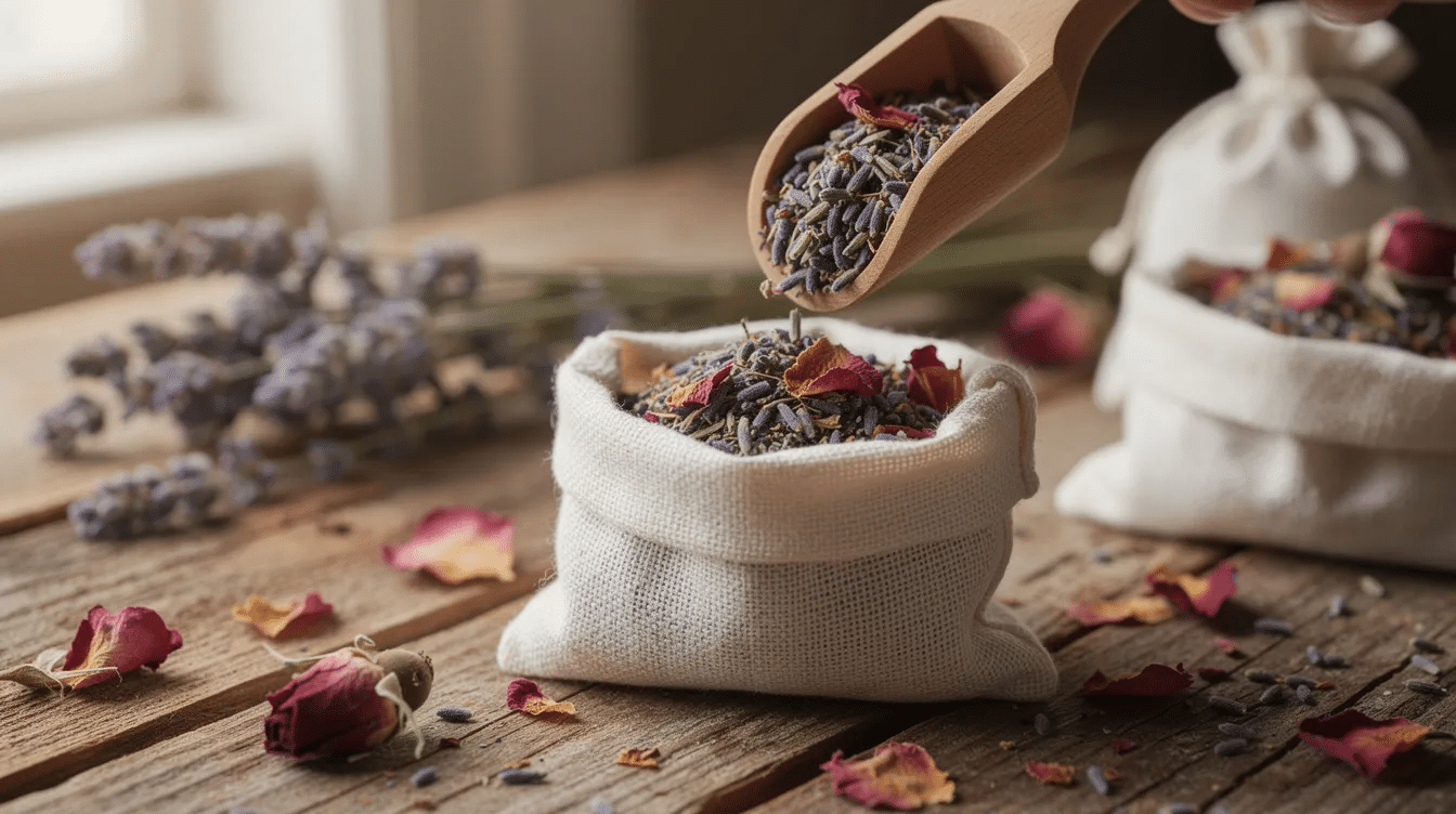 The image shows small muslin sachets being filled with a colorful mix of dried lavender and rose petals on a wooden table, creating a delightful blend of floral scents perfect for homemade sachets. The vibrant colors of the petals contrast beautifully against the natural fabric of the bags, highlighting a DIY project that brings the essence of the garden indoors.