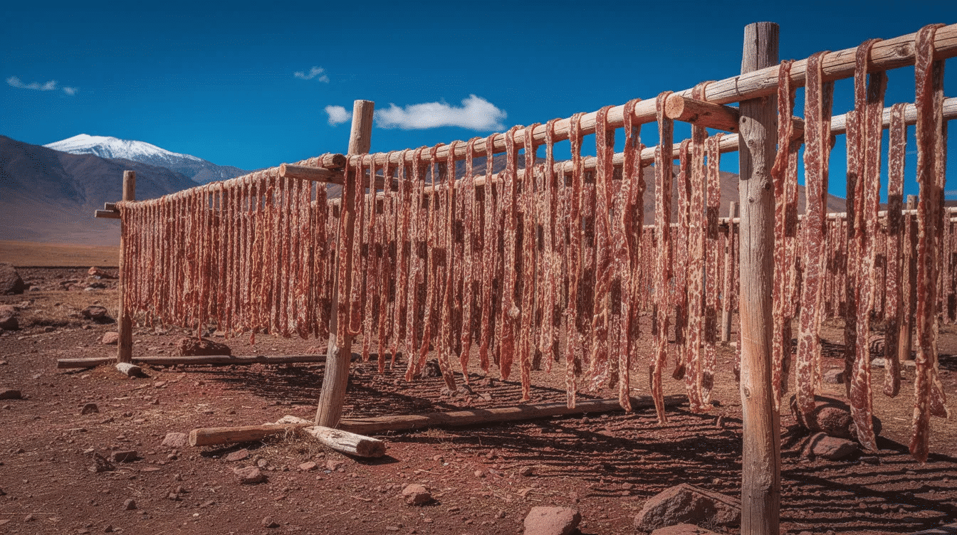 Thin strips of cured meat, known as ch'arki, hang on wooden drying racks under a bright blue Andean sky, showcasing the traditional method of meat preservation in high altitude regions. The drying process utilizes the cold dry mountain air and strong sun to prevent spoilage, creating a flavorful and nutritious dried meat product.