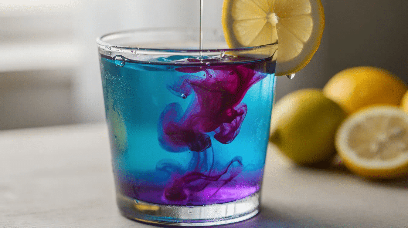 A glass of bright blue butterfly pea tea is shown, with a lemon wedge being squeezed into it, causing the liquid to transform into a vibrant purple hue. This visually stunning drink highlights the beauty of edible flowers and offers a refreshing option for home cooks and creative culinary enthusiasts.
