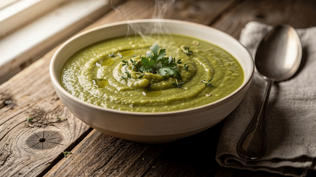 A steaming bowl of thick green split pea soup, garnished with fresh herbs, sits on a rustic wooden table, showcasing its deliciously thick texture and vibrant color. This vegan split pea soup, made from dried split peas and vegetable broth, is perfect for a cozy meal on a cold day.