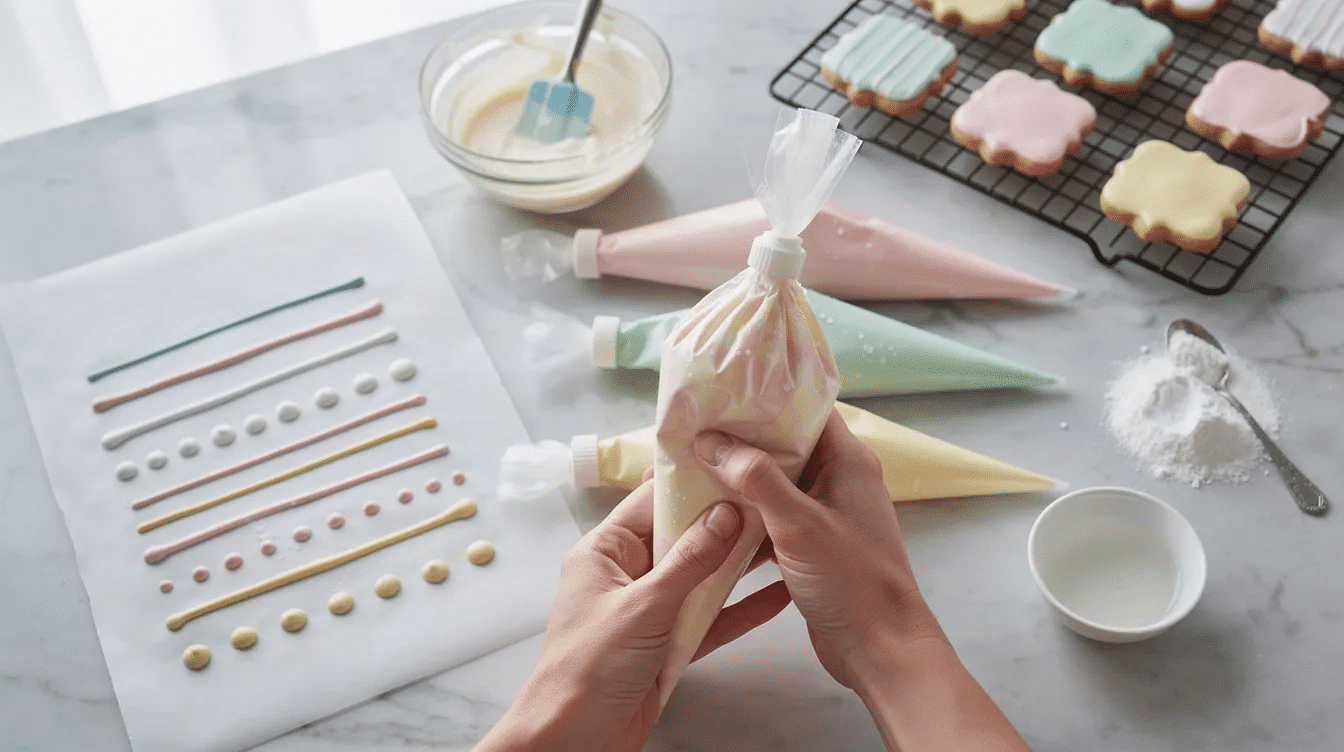 The image depicts a person gently massaging piping bags filled with stored royal icing to recombine any separation after thawing. Nearby, there are parchment papers with test lines and dots of icing to check for consistency and bubble formation, illustrating the step-by-step revival routine for using leftover icing effectively.