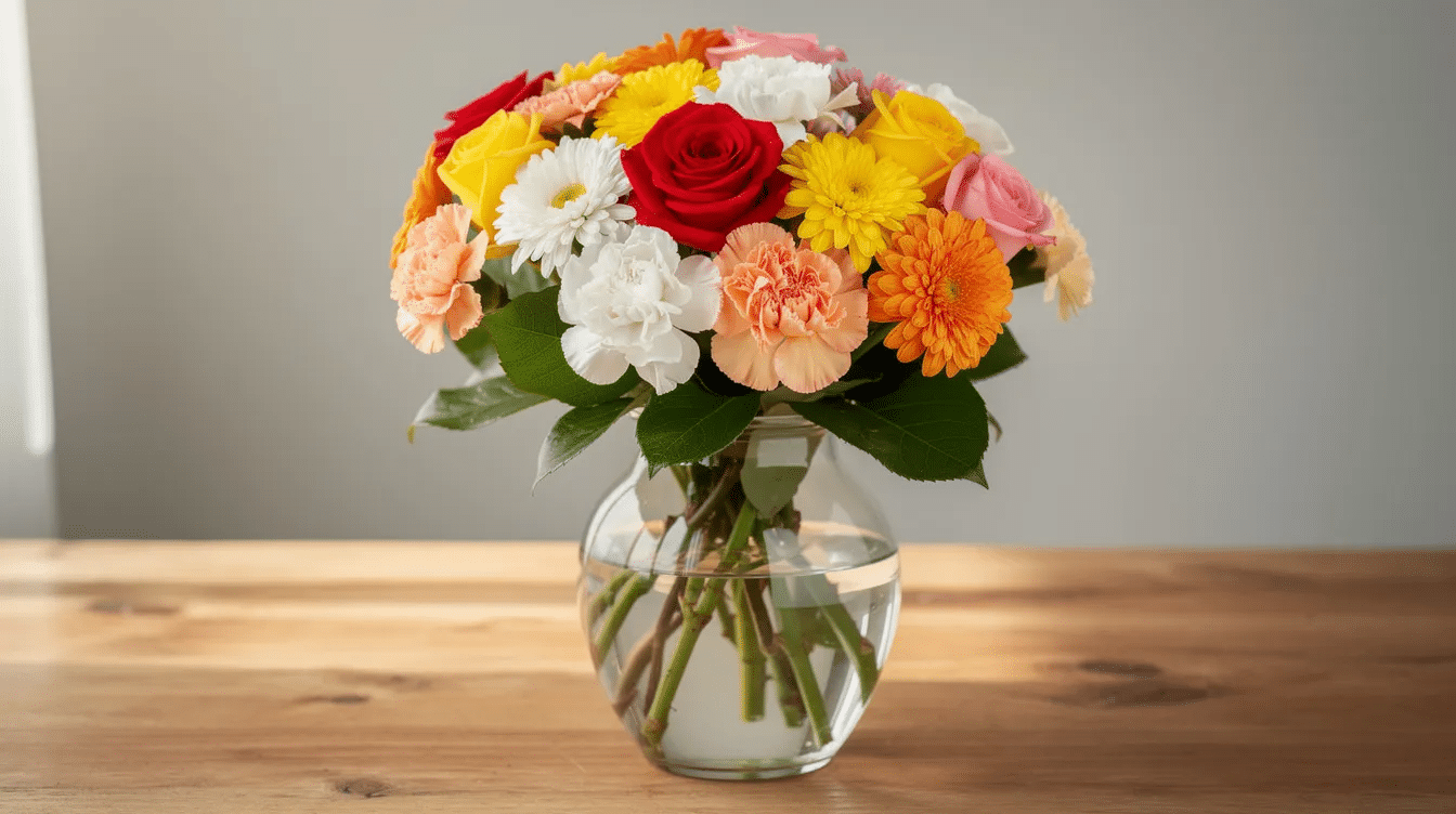 A vibrant mixed bouquet featuring roses, carnations, and chrysanthemums is elegantly arranged in a clear glass vase resting on a wooden table. To ensure these fresh flowers last longer, it's essential to provide clean water, avoid direct sunlight, and consider using flower food to extend their vase life.