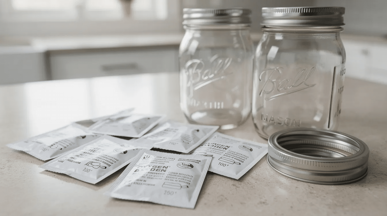A close-up view of small white oxygen absorber packets is displayed next to pint and quart mason jars on a kitchen counter, illustrating tools for food preservation and long-term storage. These oxygen absorbers help remove oxygen from sealed containers, ensuring the freshness and shelf life of stored foods like freeze-dried fruits and vegetables.