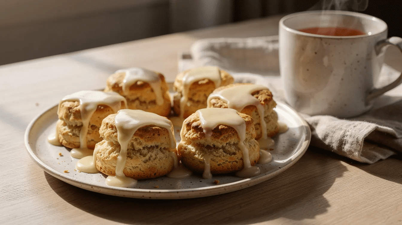 A plate of golden scones, lightly drizzled with a creamy white lemon glaze, is beautifully arranged next to a steaming cup of tea, creating an inviting scene perfect for breakfast or dessert. These baked goods, with their tender texture, could be enhanced with dried blueberries for a delicious twist.