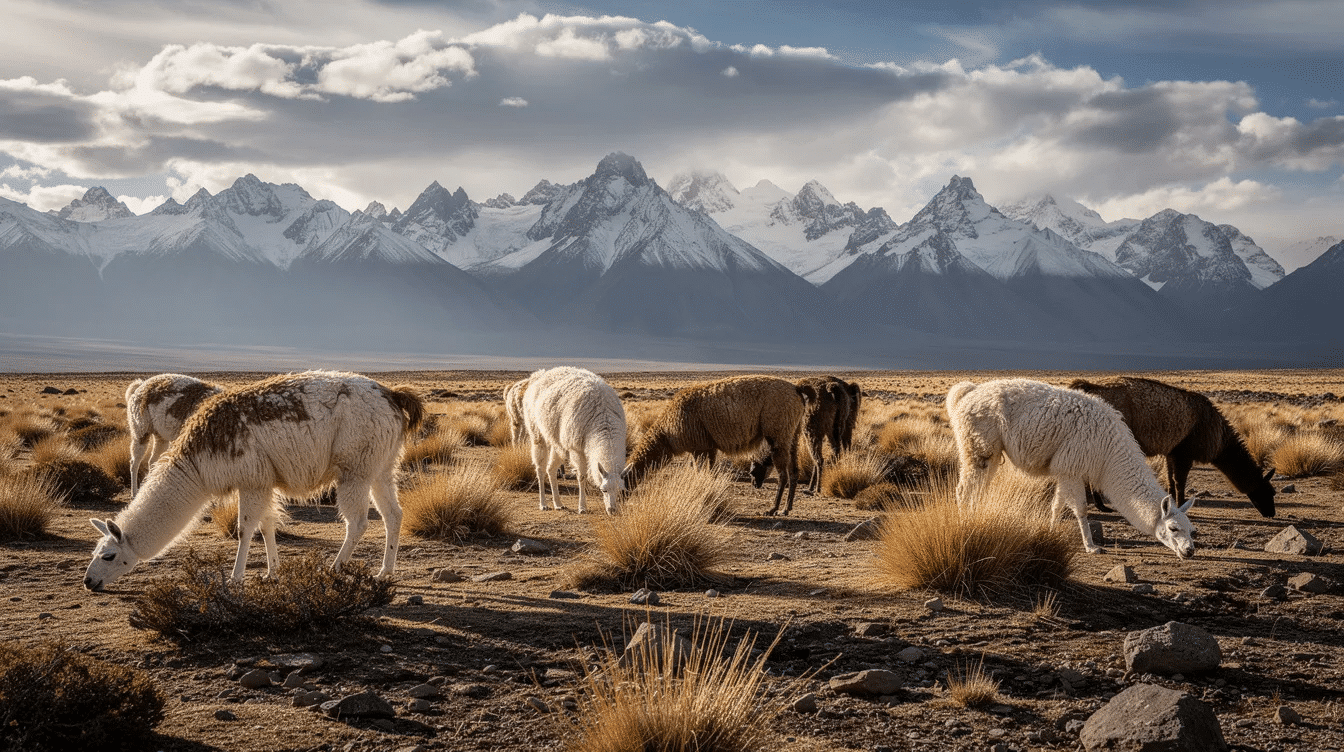 A herd of llamas grazes peacefully on a windswept Andean plateau, with majestic snow-capped mountains rising in the background. The scene captures the essence of high altitude Andes, where these animals thrive in the cold dry mountain air, a setting reminiscent of traditional meat preservation methods like making ch'arki.