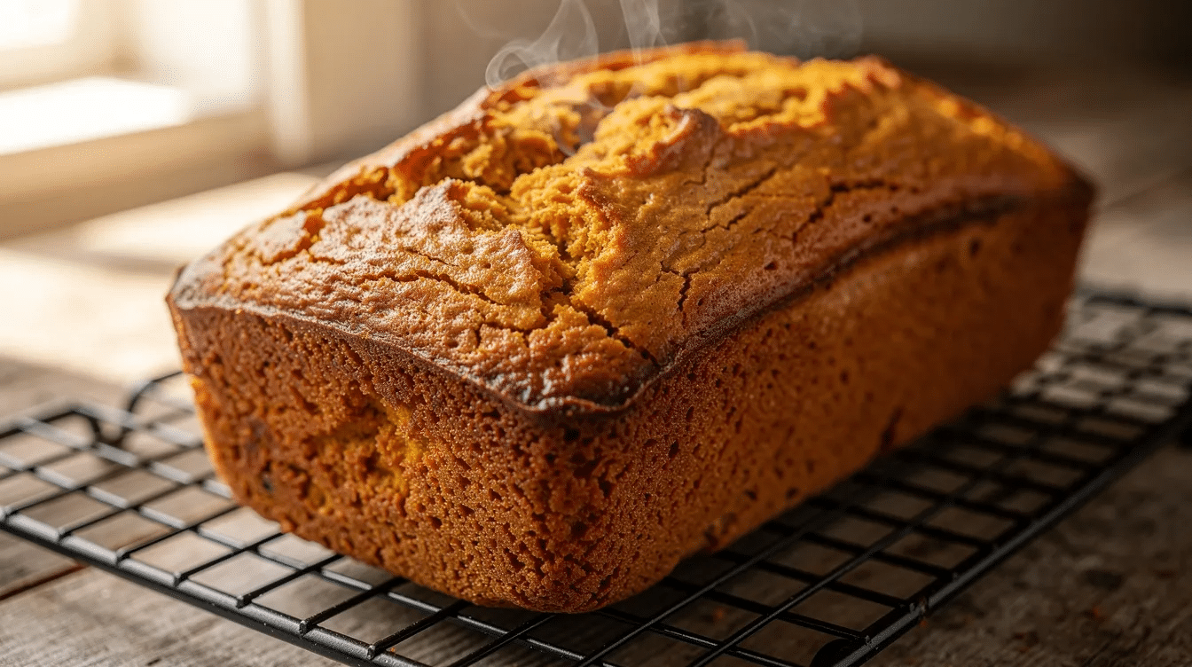 A freshly baked golden pumpkin quick bread is cooling on a wire rack, with steam gently rising from its top, showcasing its moist texture. This delicious pumpkin bread, made with pumpkin puree and warm spices, is the perfect fall treat to enjoy warm or as a delightful snack.