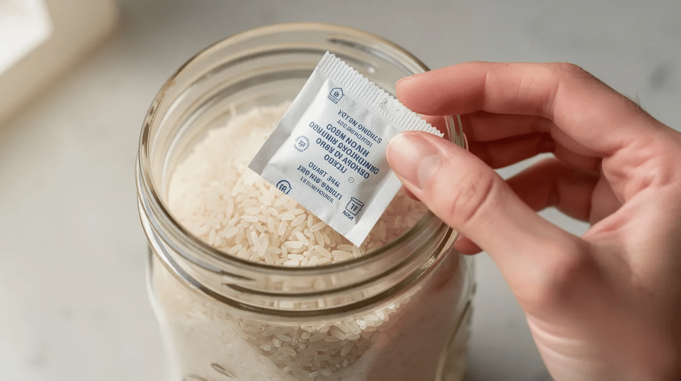 A pair of hands is placing a small white oxygen absorber packet on top of dried rice inside an open quart mason jar, which is essential for long-term food storage and helps preserve the freshness of dry foods by removing oxygen. The jar is ready to be sealed, ensuring an airtight environment for stored food.